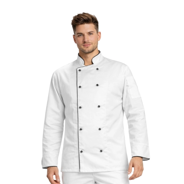 Bluza kucharska biała długi rękaw lamówka czarna roz.3XL – bluza kucharska – odzież gastronomiczna